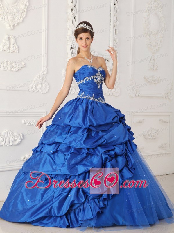 Blue A-line / Princess Long Taffeta And Tulle Appliques With Beading Quinceanera Dress