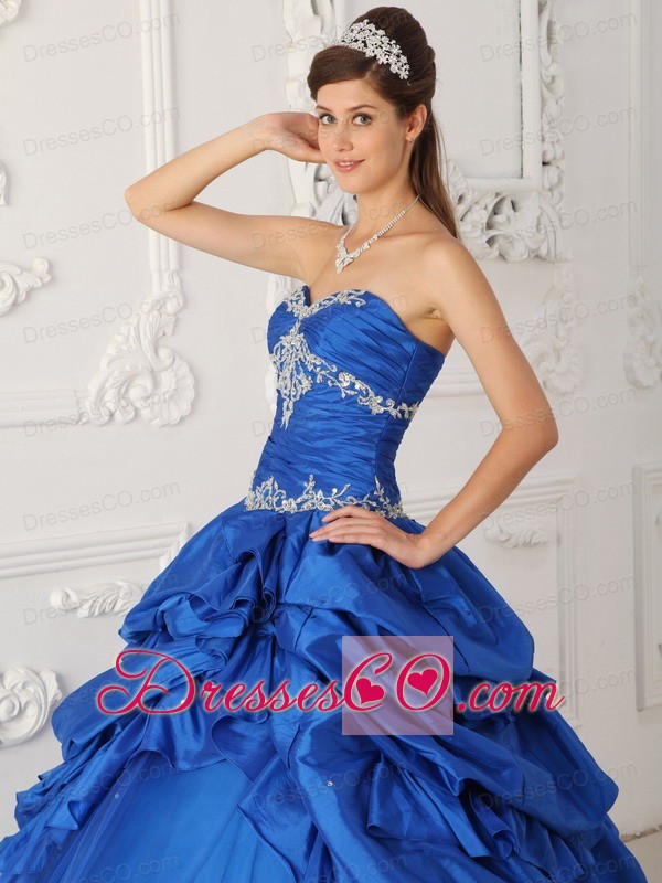 Blue A-line / Princess Long Taffeta And Tulle Appliques With Beading Quinceanera Dress
