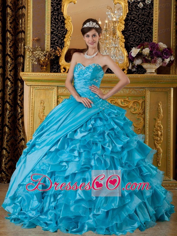 Blue Ball Gown Long Taffeta And Organza Appliques Quinceanera Dress