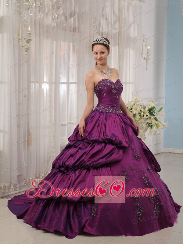 Eggplant Purple Ball Gown Court Train Taffeta Appliques Quinceanera Dress
