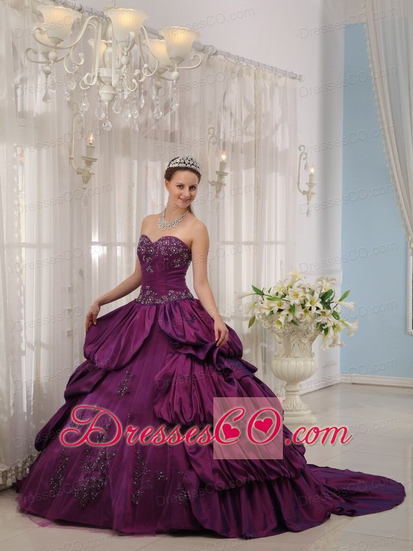 Eggplant Purple Ball Gown Court Train Taffeta Appliques Quinceanera Dress
