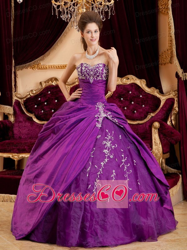 Purple Ball Gown Long Taffeta And Tulle Appliques Quinceanera Dress