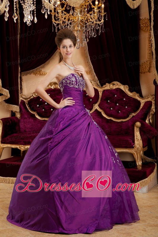 Purple Ball Gown Long Taffeta And Tulle Appliques Quinceanera Dress