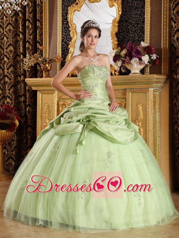 Yellow Green Ball Gown Strapless Long Tulle And Taffeta Beading Quinceanera Dress