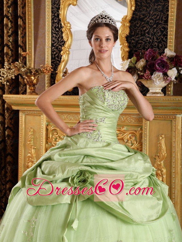 Yellow Green Ball Gown Strapless Long Tulle And Taffeta Beading Quinceanera Dress