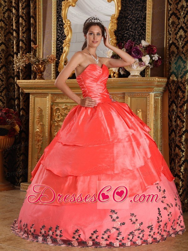 Watermelon Red Ball Gown Long Taffeta Appliques Quinceanera Dress
