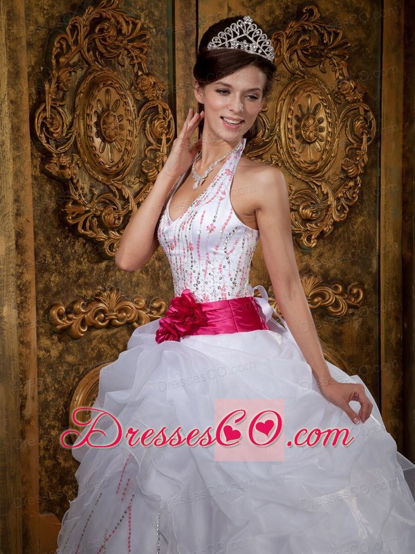 White A-line Halter Long Organza Beading Quinceanera Dress