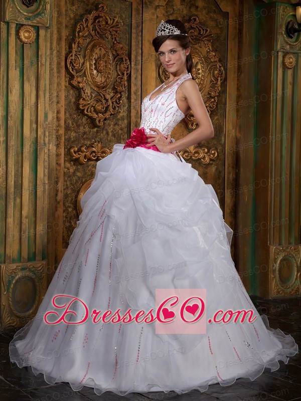 White A-line Halter Long Organza Beading Quinceanera Dress