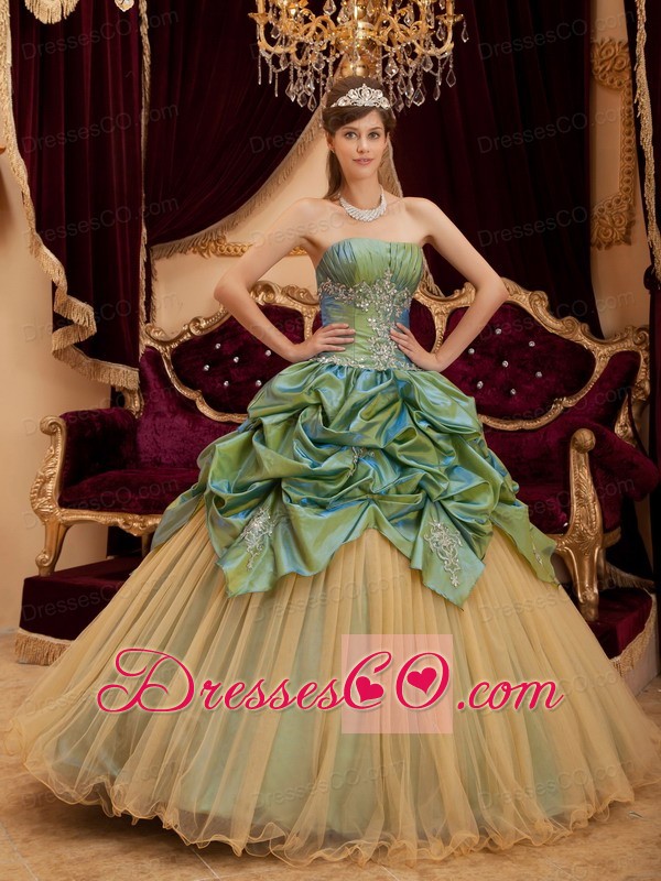 Olive Green Ball Gown Strapless Long Taffeta And Tulle Beading Quinceanera Dress