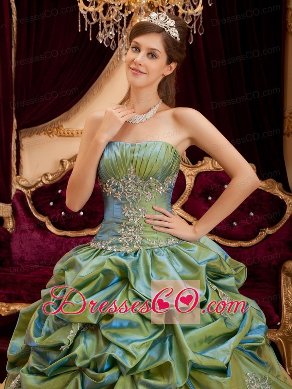 Olive Green Ball Gown Strapless Long Taffeta And Tulle Beading Quinceanera Dress