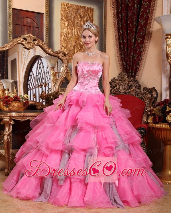 Rose Pink Ball Gown Long Organza Beading Quinceanera Dress