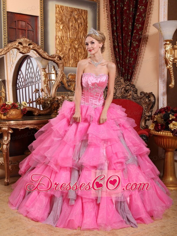 Rose Pink Ball Gown Long Organza Beading Quinceanera Dress