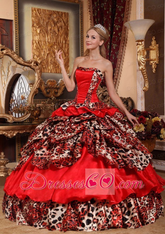 Red Ball Gown Strapless Long Taffeta And Leopard Pick-ups Quinceanera Dress