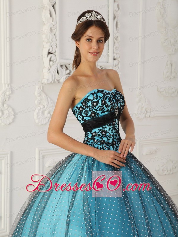 Black And Blue Ball Gown Strapless Long Taffeta And Tulle Beading And Appliques Quinceanera Dress