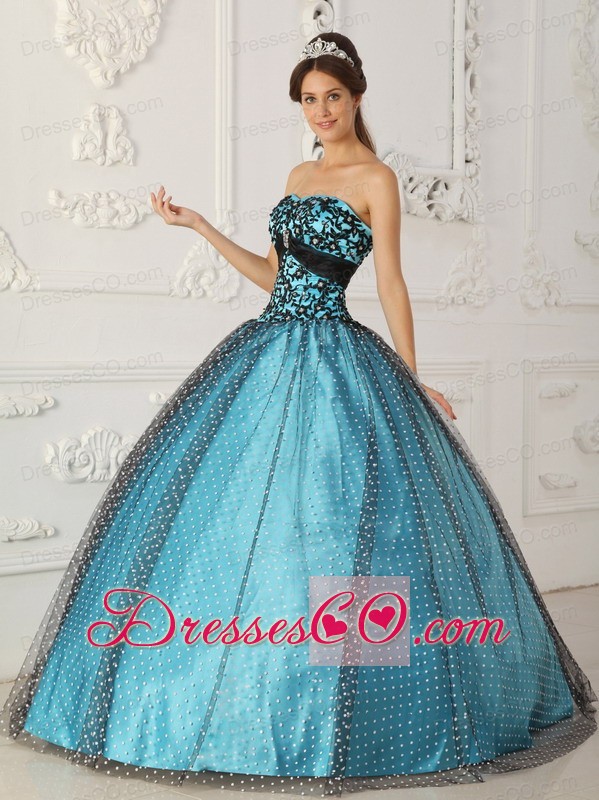 Black And Blue Ball Gown Strapless Long Taffeta And Tulle Beading And Appliques Quinceanera Dress