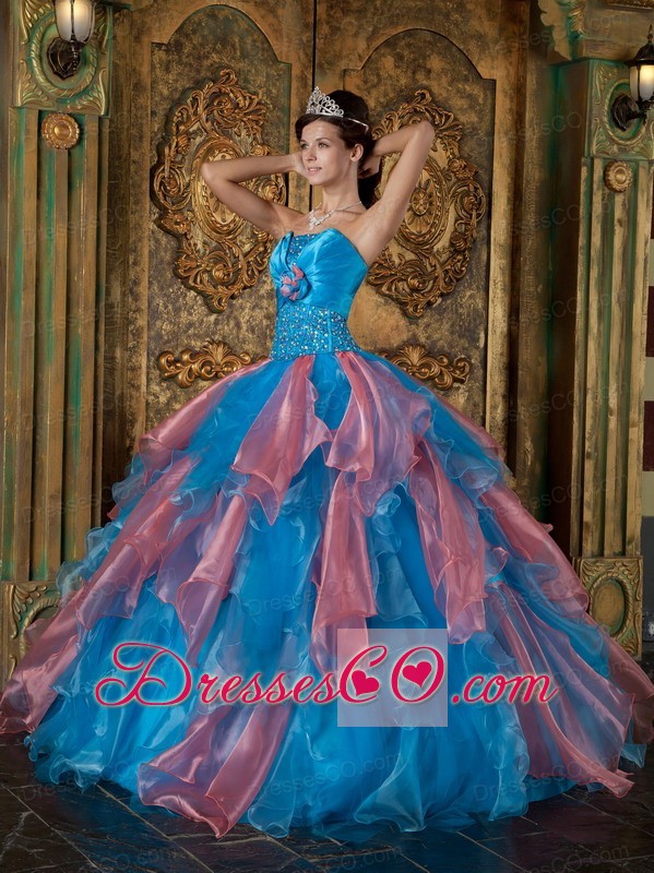 Blue Ball Gown Strapless Long Organza Beading And Ruffles Quinceanera Dress