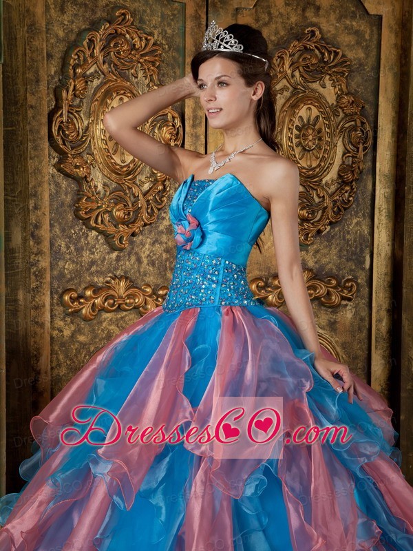 Blue Ball Gown Strapless Long Organza Beading And Ruffles Quinceanera Dress
