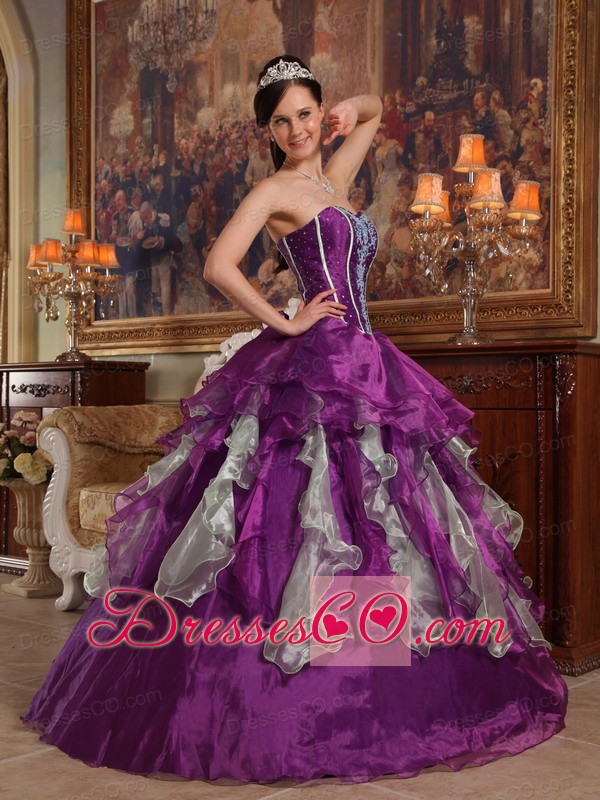Purple Ball Gown Long Organza Beading Quinceanera Dress