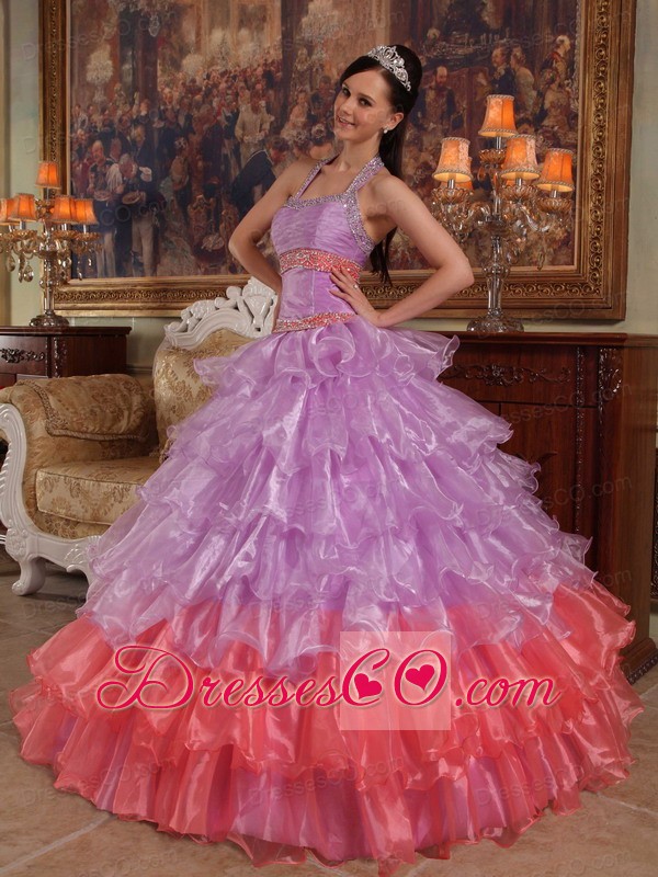 Lavender Ball Gown Halter Long Organza Beading Quinceanera Dress