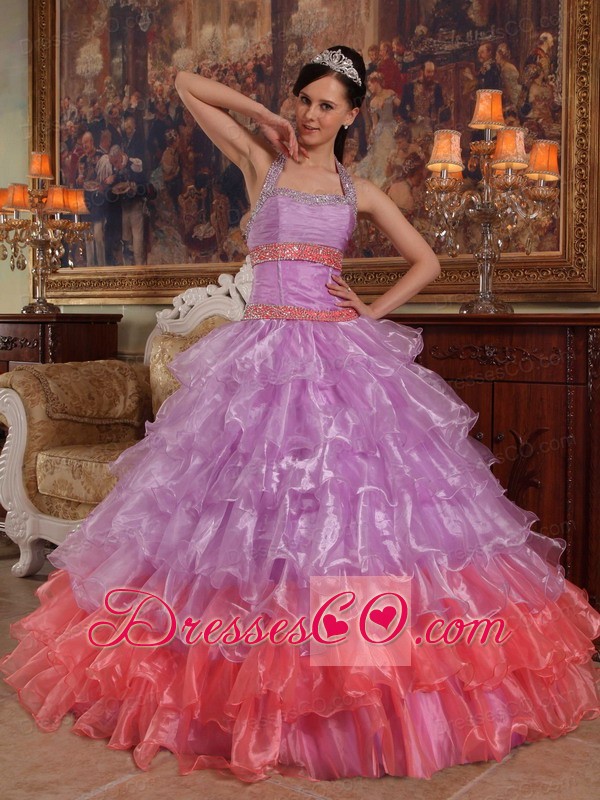 Lavender Ball Gown Halter Long Organza Beading Quinceanera Dress