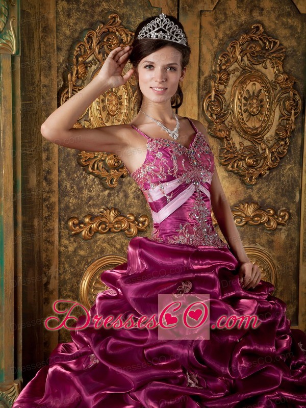 Fuchsia Ball Gown Strap Long Taffeta Beading Quinceanera Dress