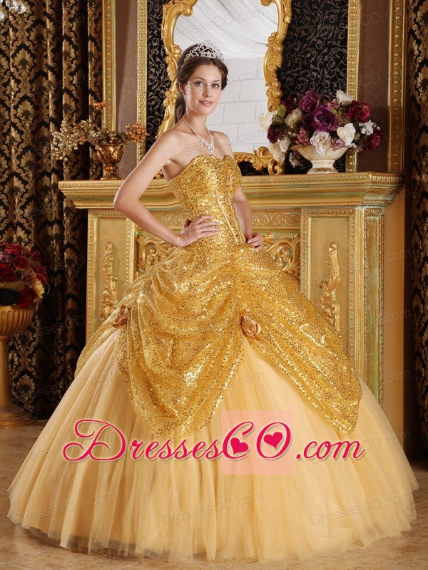 Gold Ball Gown Long Sequined And Tulle Hand Made Flowers Quinceanera Dress