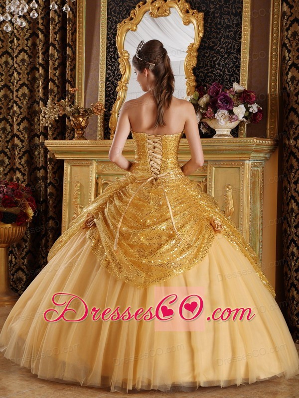 Gold Ball Gown Long Sequined And Tulle Hand Made Flowers Quinceanera Dress