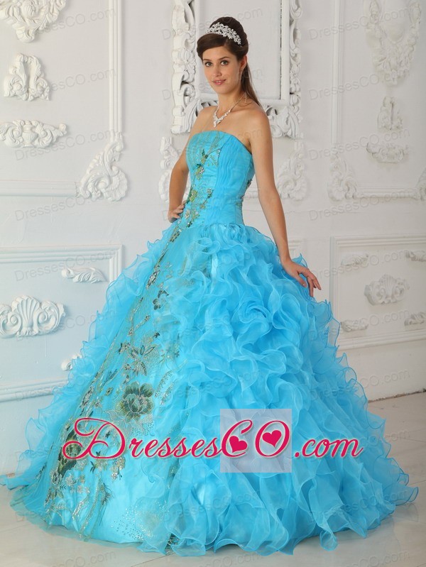 Exquisite Ball Gown Strapless Long Embroidery Aqua Blue Quinceanera Dress