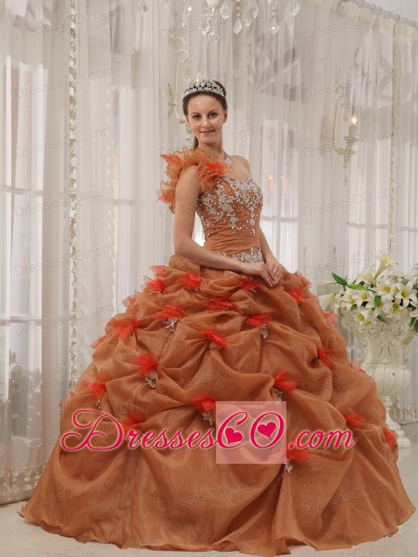 Rust Red Ball Gown One-shoulder Long Organza Appliques Quinceanera Dress