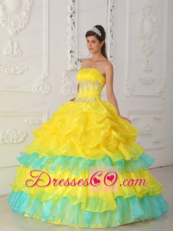 Yellow Ball Gown Strapless Long Organza Beading And Ruffles Quinceanera Dress