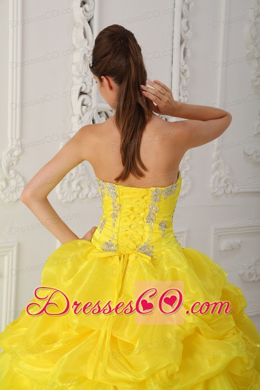 Yellow Ball Gown Strapless Long Organza Beading And Ruffles Quinceanera Dress