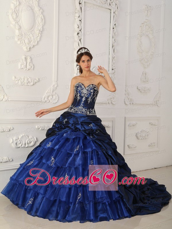 Royal Blue Ball Gown Chapel Train Taffeta and Organza Appliques Quinceanera Dress