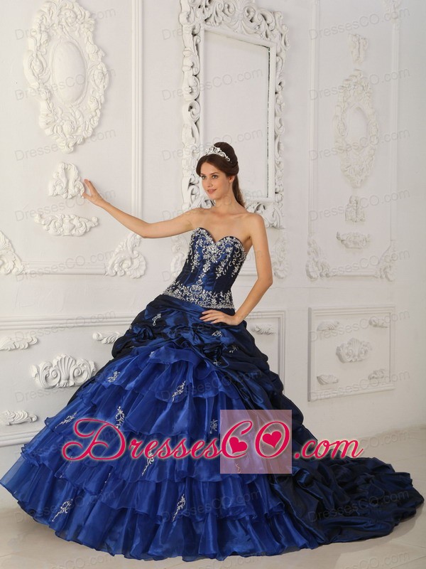 Royal Blue Ball Gown Chapel Train Taffeta and Organza Appliques Quinceanera Dress