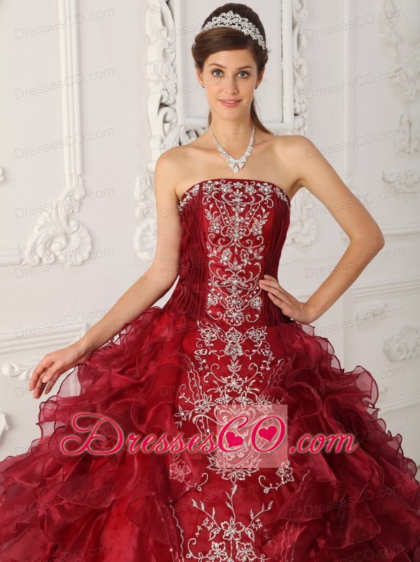 Wine Red Ball Gown Strapless Long Satin And Organza Embroidery Quinceanera Dress