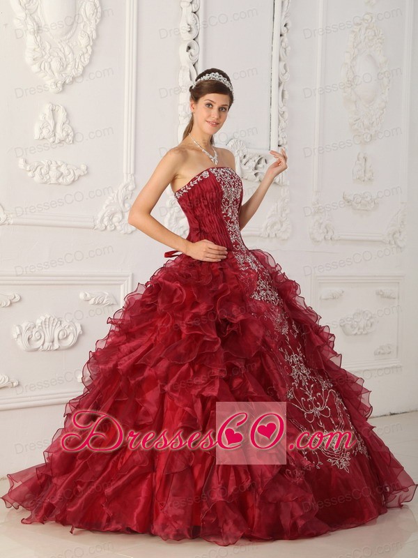 Wine Red Ball Gown Strapless Long Satin And Organza Embroidery Quinceanera Dress