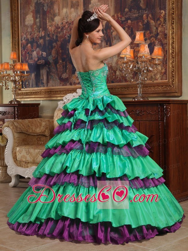 Green Ball Gown Long Taffeta And Organza Beading Quinceanera Dress