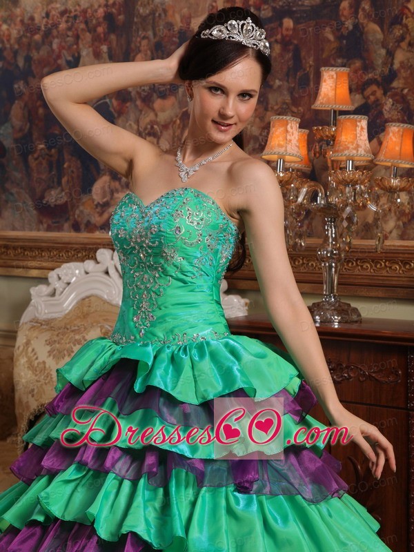 Green Ball Gown Long Taffeta And Organza Beading Quinceanera Dress