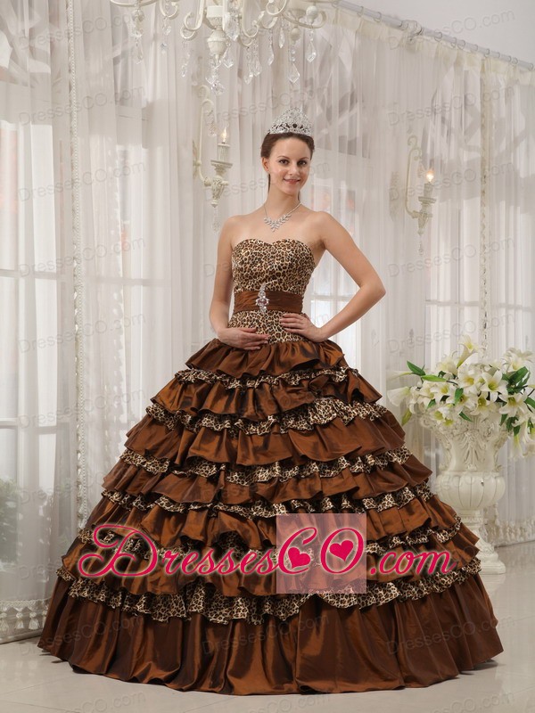 Brown Ball Gown Long Taffeta And Leopard Ruffles Quinceanera Dress