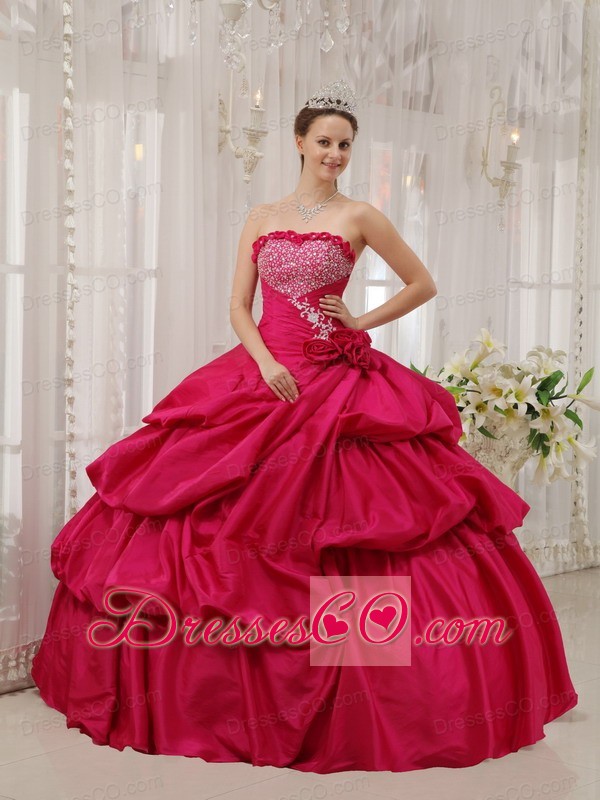 Coral Red Ball Gown Strapless Long Taffeta Beading Quinceanera Dress