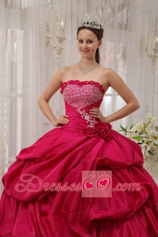 Coral Red Ball Gown Strapless Long Taffeta Beading Quinceanera Dress