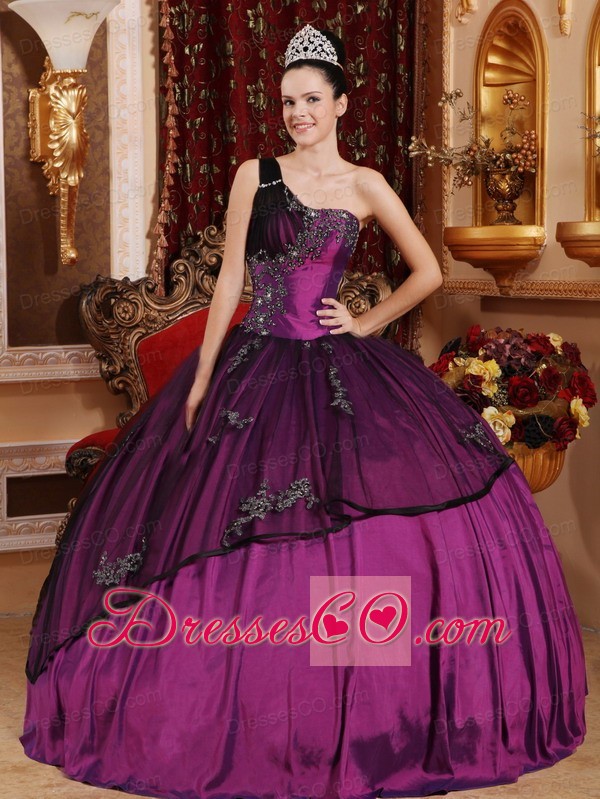 Purple Ball Gown One Shoulder Taffeta and Organza Beading and Appliques Quinceanera Dress