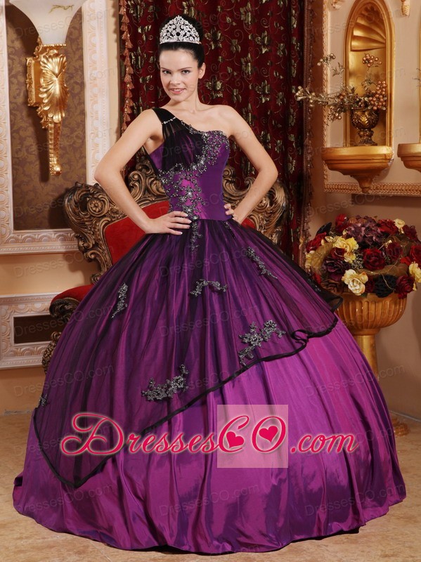 Purple Ball Gown One Shoulder Taffeta and Organza Beading and Appliques Quinceanera Dress