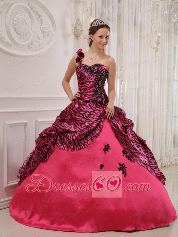 Hot Pink Ball Gown One Shoulder Long Zebra Or Leopard Appliques Quinceanera Dress