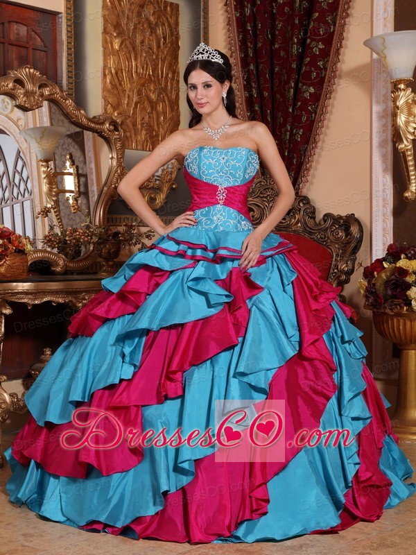 Aqua Blue And Red Ball Gown Strapless Long Taffeta Embroidery Quinceanera Dress