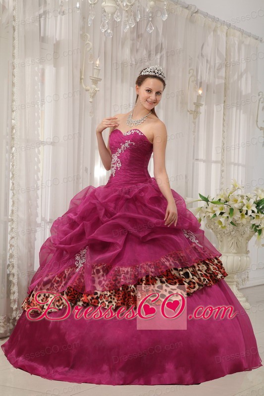 Burgundy Ball Gown Long Organza And Leopard Appliques Quinceanera Dress
