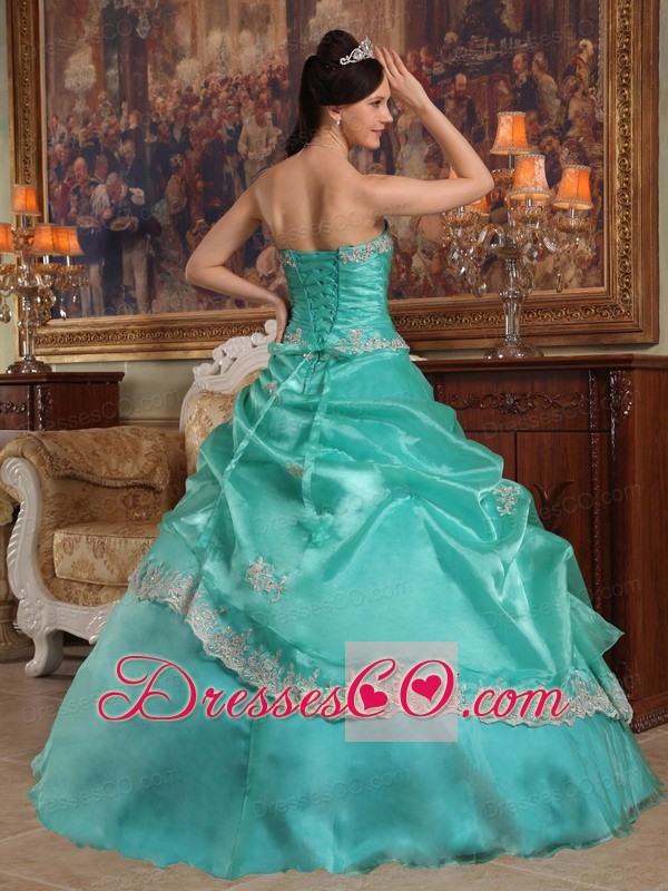Turquoise Ball Gown Long Appliques Organza Quinceanera Dress