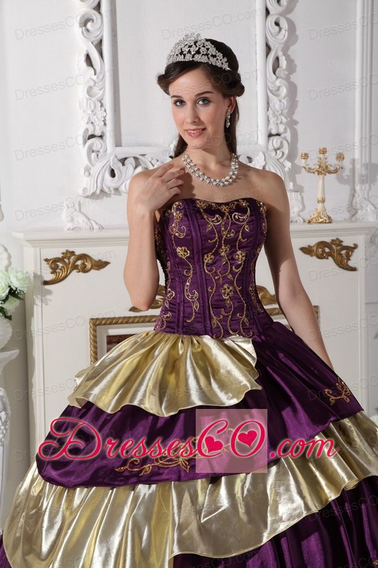 Purple And Gold Ball Gown Strapless Long Taffeta Embroidery Quinceanera Dress
