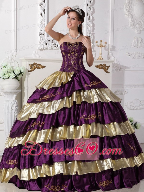 Purple And Gold Ball Gown Strapless Long Taffeta Embroidery Quinceanera Dress