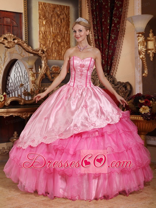 Rose Pink Ball Gown Long Taffeta And Organza Embroidery Quinceanera Dress