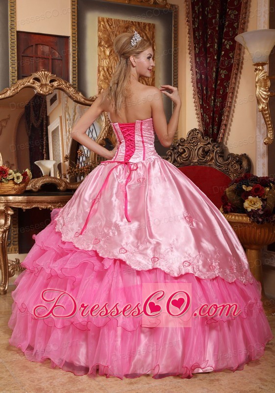 Rose Pink Ball Gown Long Taffeta And Organza Embroidery Quinceanera Dress